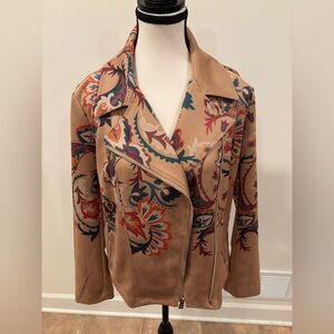 Chico's Artisanal Camel Faux Suede Paisley Print Moto Jacket, size M (Chico’s 1)